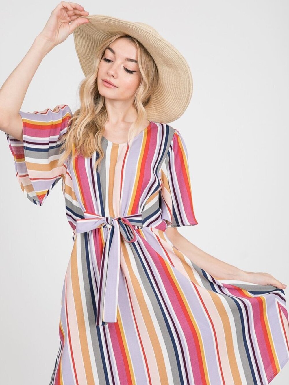👗 Hailey & Co. Retro Striped Tied Midi Multi-Striped Dress with Pockets Medium